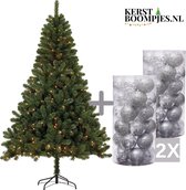 Complete Kunstkerstboom 210 cm met losse verlichting en Zilvere kerstballen - 180 LED - 1000 takjes - volle kerstboom - kerstboom kunststof - kerstballenset