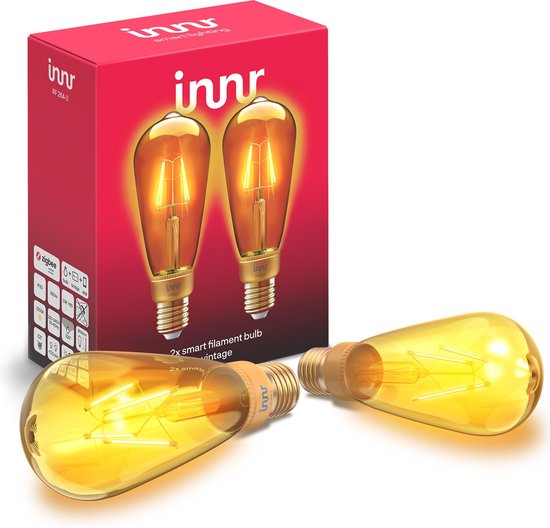 Innr E27 Smart Filament LED Edison bulb, compatible avec Philips Hue* & Alexa (bridge requis), vintage, 2200K, ST64, 2-pack