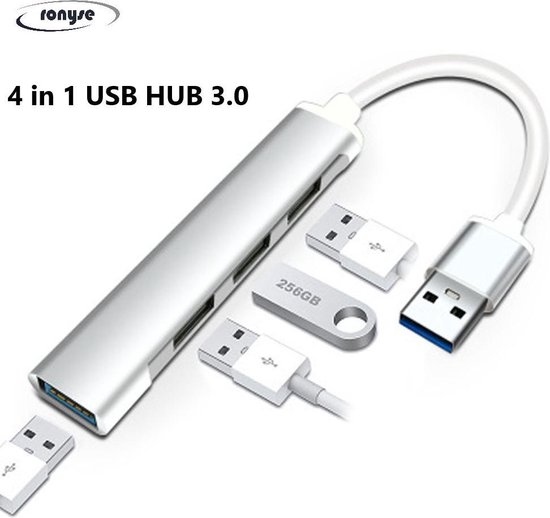 4 in 1 USB HUB Multipoort Adapter - 4x USB poorten - USB 3.0  - Bruikbaar voor Windows Microsoft pc's en laptop's en andere USB apparaten