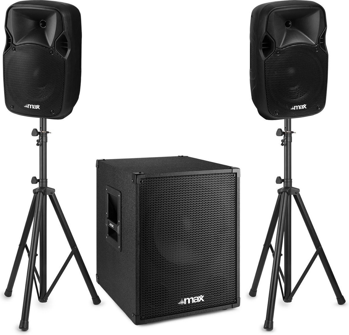 Speakerset - MAX MX700 DJ speakers met subwoofer - Ingebouwde versterker - 700W - Met statieven - Zwart - MAX