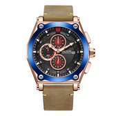 Luxe Megir blauw/rose gouden Quarts Chronograph horloge 3ATM kaki lederen band