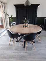 Ronde eikenhouten eettafel, stalen matrix poot, 130 cm, duurzame tafel, symmetrische matrix, industrieel, staal en hout, eikenhout