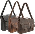 Trois sacs messagers en cuir de buffle : noir, marron et brun foncé, sur fond blanc.