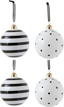 J-Line Doos Van 4 Kerstballen Bol/Streep Glas Zwart/Wit Large