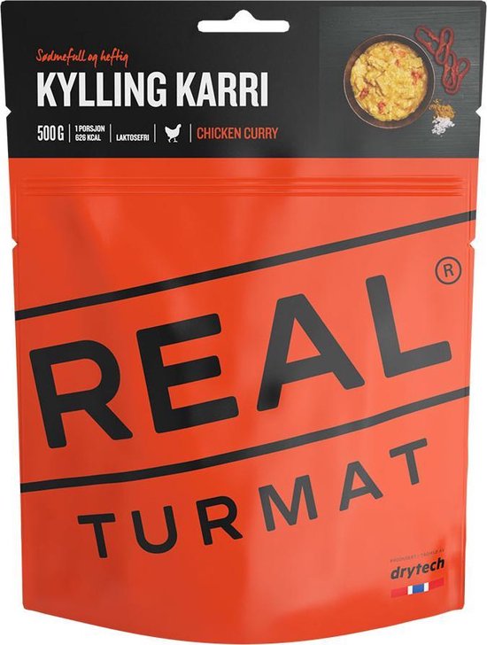 Drytech - Real Turmat - Chicken Curry - vriesdroogmaaltijd - outdoorfood - survival food - buitensportvoeding - prepper - trekkingfood - 617 kcal
