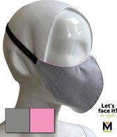 Mondkapje | Maat 1 | Lichtgrijs & roze, 2-zijdig te gebruiken | 1 elastiek om het hoofd: veel fijner als je gehoorapparaat draagt! | Met vast filter en neusbeugeltje | Wasbaar (handwas) |3-la