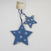 ZoeZo Design - Kersthanger - kerstboomhanger - kerstster - 2 delig - 2 stuks - hout - blauw - wit - 26 x 14 cm