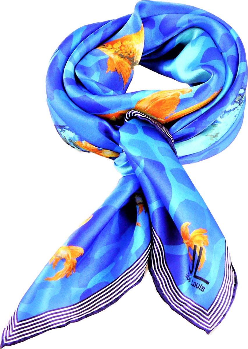 Josi Louis 100 % Zijden sjaal - Poolfish - Blauw - vierkant 90×90 cm - luxe zacht zijden sjaal