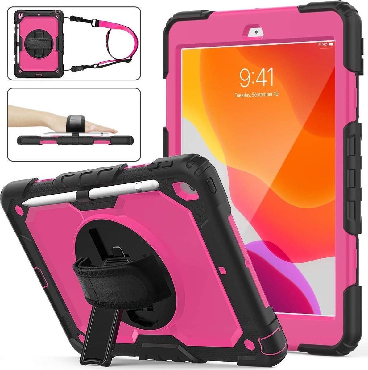 Dasaja case / hoes geschikt voor iPad 10.2 (2019 & 2020 & 2021) met screenprotector, handriem en schouderriem voor Horeca en Bouw Roze