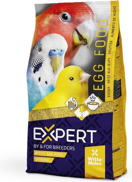 Zak Expert eivoer Original van Witte Molen met afbeeldingen van een rode papegaai, een grasparkiet en een kanarie.