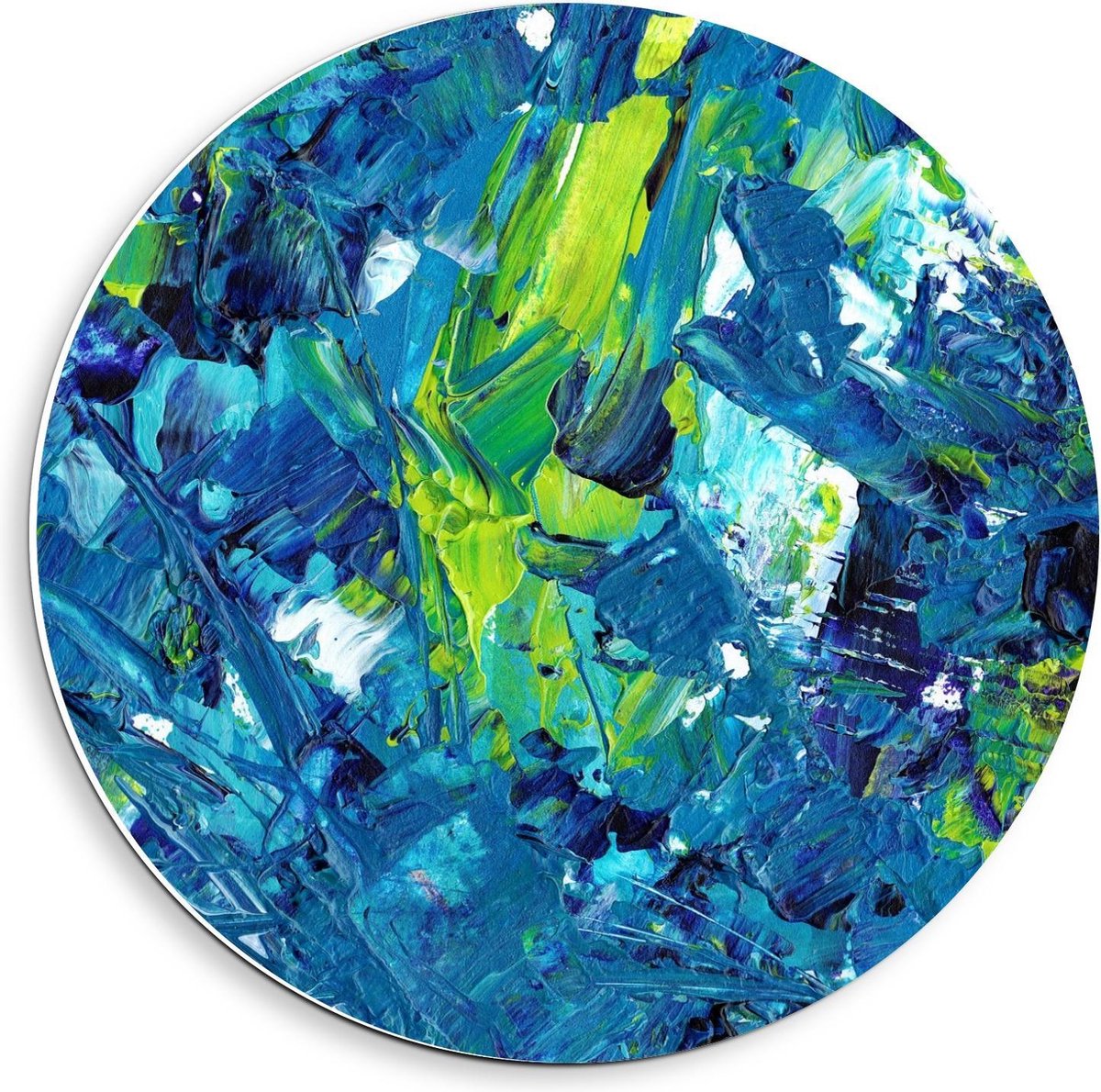 Forex Wandcirkel - Blauw/Groene Verf - 40x40cm Foto op Wandcirkel (met ophangsysteem)