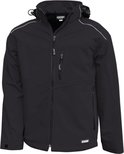 Zwarte DASSY softshelljas met capuchon, zwarte ritsen en reflecterende details.