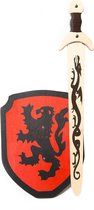 houtenzwaard met schede en ridderschild rood zwarte leeuw kinderzwaard houten ridder zwaard schild