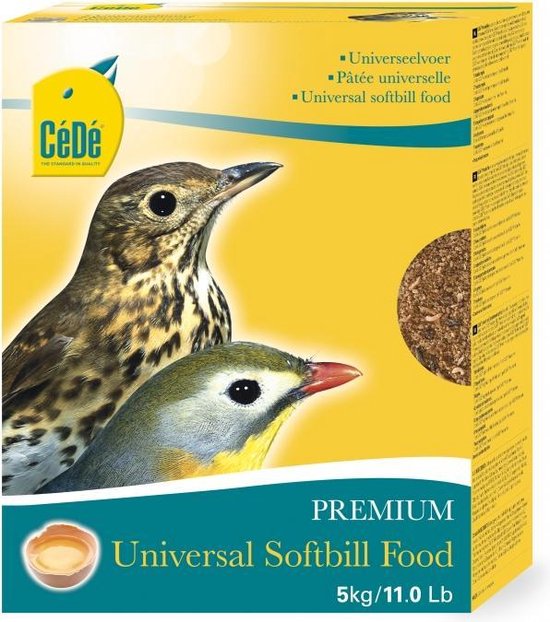 CéDé universeelvoer met twee vogels en de tekst 'PREMIUM Universal Softbill Food 5kg/11.0 Lb'.