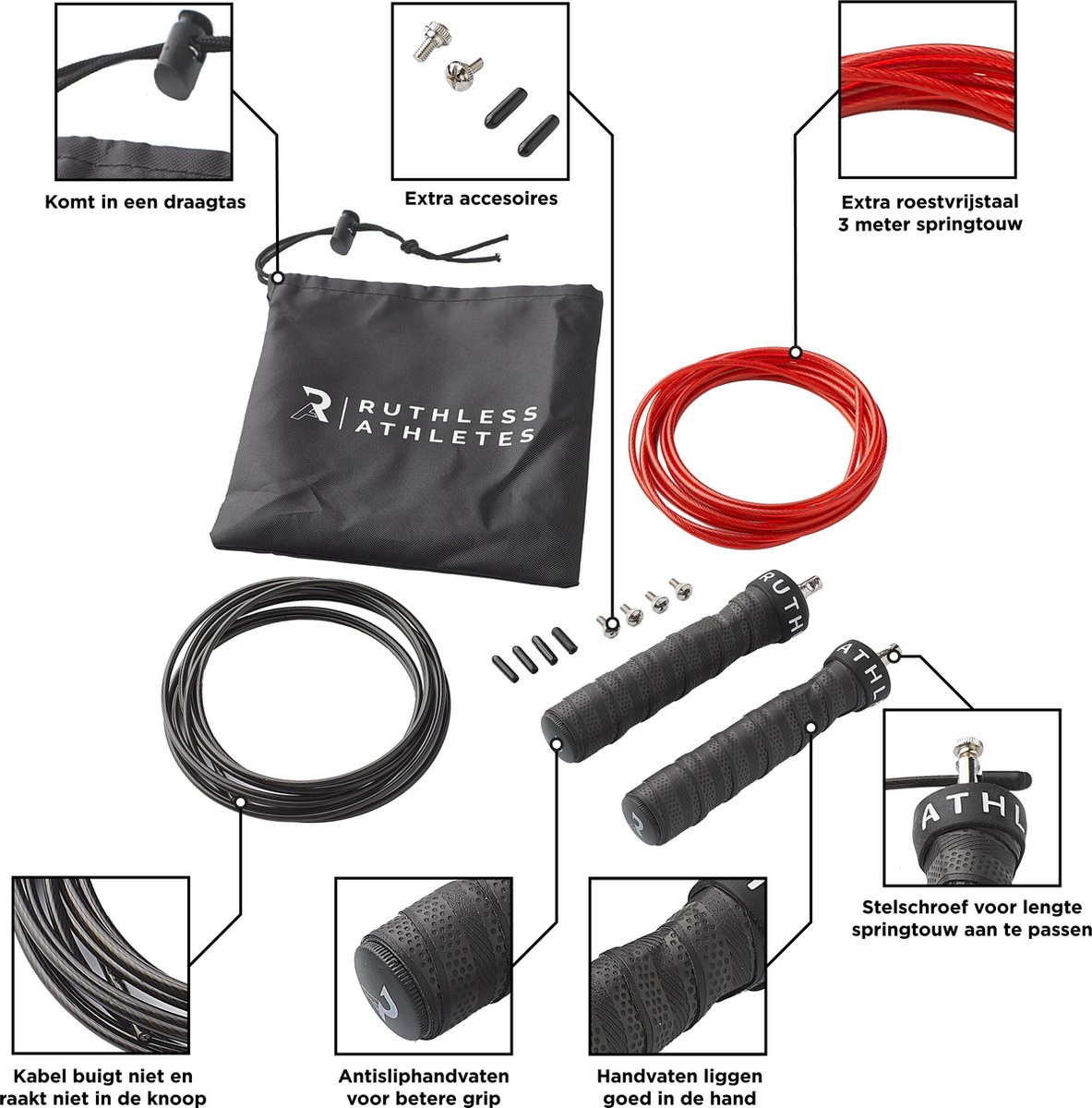 Jump Rope - Ruthless Athletes - Springtouw - Inclusief Instructie & Oefeningen Video - Springtouw Volwassenen - Speed Rope - Sport Springtouwen - Fitness - Thuis Sporten - Sportartikelen — afbeelding 2