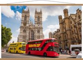 Schoolplaat – Rode/Gele Bus Londen - 120x80cm Foto op Textielposter (Wanddecoratie op Schoolplaat)