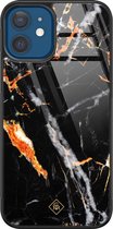iPhone 12 hoesje glass - Marmer zwart oranje | Apple iPhone 12  case | Hardcase backcover zwart