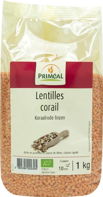 Verpakking Primal linzen, 1 kg. Rode linzen met een schepje kruiden.
