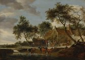 Salomon van Ruysdael, Pleisterplaats, 1660 op canvas, afmetingen van dit schilderij zijn 45x100 cm