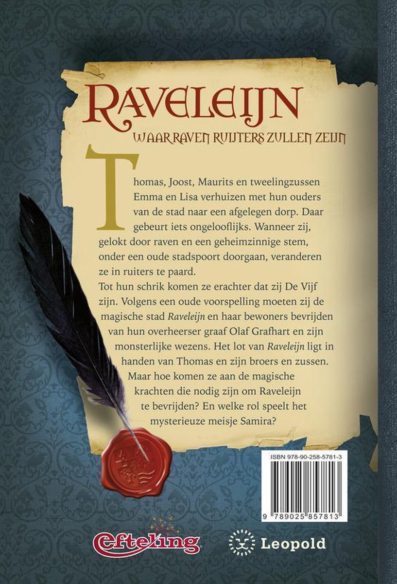Achterkant van het boek Raveleijn met tekst en een veer op een rode wax seal.