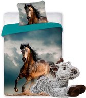 Paarden dekbedovertrek set 140 x 200 cm, incl. super zachte paarden knuffel - 32 cm - bruin/donkerbruin - kinderen slaapkamer - eenpersoons dekbed
