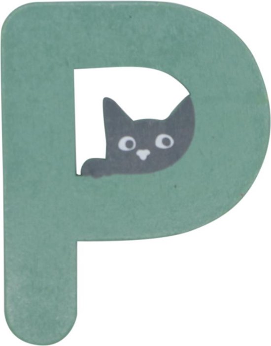 Houten Letter P Groen met Kat | 9 cm