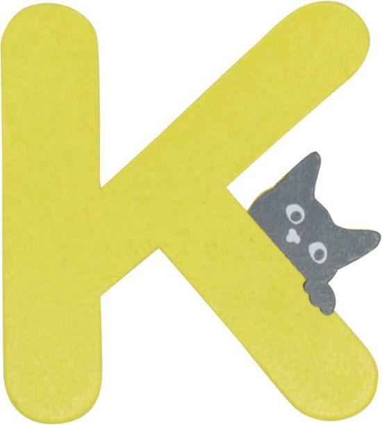 Houten Letter K Geel met Kat | 9 cm