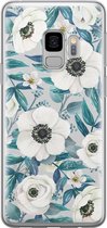 Samsung Galaxy S9 hoesje siliconen - Witte bloemen - Soft Case Telefoonhoesje - Bloemen - Blauw