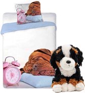 Honden dekbedovertrek set 140 x 200 cm, incl. super zachte Berner Sennen hond van 26cm , kinderen slaapkamer eenpersoons dekbedovertrek