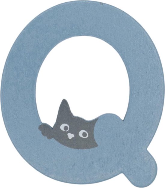 Houten Letter Q Blauw met Kat | 9 cm