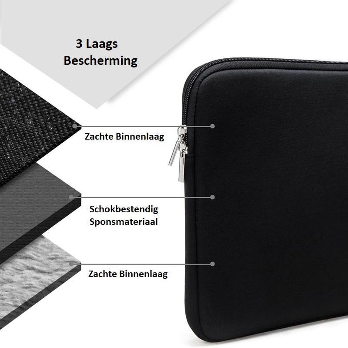 Laptophoes 15 6 inch - Laptop hoes Met Extra Vak Grijs Neopreen - Schokbestendig - Krasbestendig - Laptoptas - Laptop sleeve - Laptop case - Laptop cover - Laptophoes 15 inch - Laptop tas 15/15,6 inch
