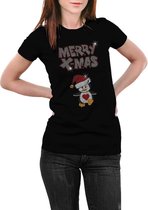Uniek Kerst T-shirt Dames Pinguin en Merry Xmas – Maat L - Zwart