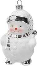 Twee Schattige Sneeuwpoppen - Wit en Zilver - Kersthanger Sneeuwpop - set van 2 - hand gedecoreerd - 11 cm