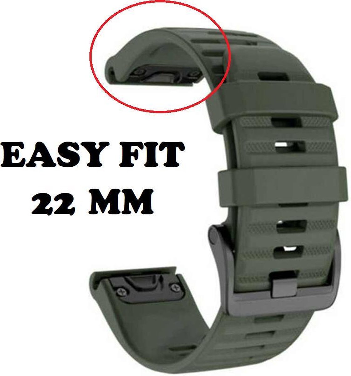 Firsttee - Siliconen Horlogeband - EASY FIT - Voor GARMIN - LEGERGROEN - 22 MM - Horlogebandjes - Sporthorloge - Easy Click - Garmin - S60 - S62 - Fenix 5 - Forerunner 935 - Fenix 6 (Pro) - Horloge bandje - Golfkleding - Golf accessoires - Cadeau - Firsttee