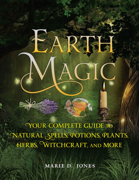 Boekomslag 'Earth Magic' met tekst en afbeeldingen van lavendel, kruiden en een kaars.