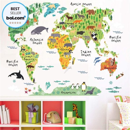 Sticker Muursticker Chambre d'enfants | Décoration murale chambre bébé | Décoration Garçons & Filles | Décoration murale Wereldkaart | Autocollants 3D | Wereldkaart des Animaux