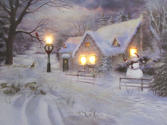 Schilderij met led verlichting - Canvas op houten frame - Huisje met sneeuwpop - 40 x 30 cm - Kerstdorp