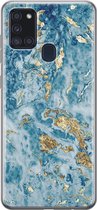 Leuke Telefoonhoesjes - Hoesje geschikt voor Samsung Galaxy A21s - Goud blauw marmer - Soft case - TPU - Blauw
