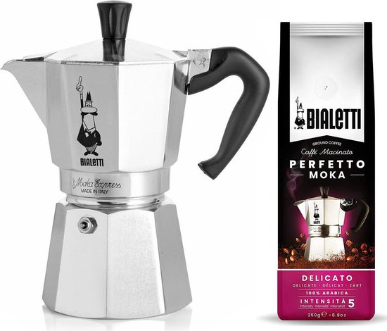 Bialetti Moka Express 4 kops + Bialetti Delicato gemalen koffie 250gr