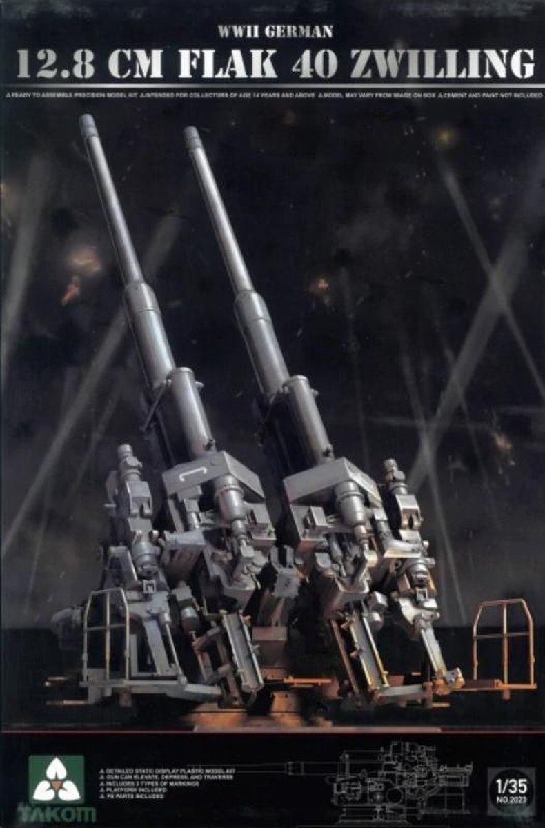 Takom Modelbouwpakket Militaire voertuigen - 2023 12.8cm FlaK 40 Zwilling WWII - Duits Luchtafweerkanon Plastic - 1:35 - Modelbouw