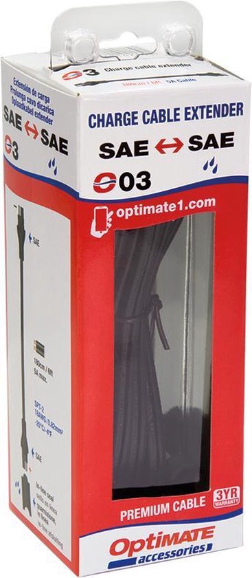 Verpakking van OptiMate SAE O-03 Charge Cable Extender met afbeelding van de kabel.