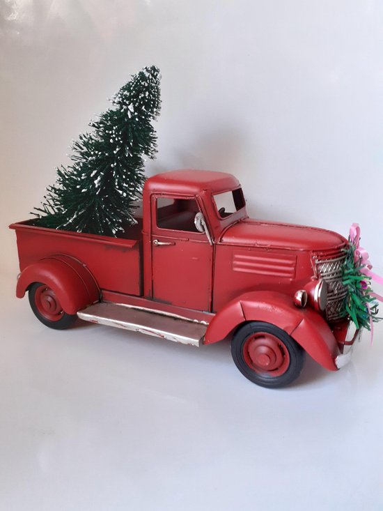 Kerst beeldjes  Truck met kerstboom van Slijkhuis metaal  19x26x12 cm