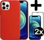 Hoes voor iPhone 12 Pro Hoesje Siliconen Case Met 2x Screenprotector Full Cover 3D Tempered Glass - Hoes voor iPhone 12 Pro Hoes Cover Met 2x 3D Screenprotector - Rood