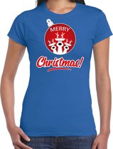 Rendier Kerstbal shirt / Kerst t-shirt Merry Christmas blauw voor dames - Kerstkleding / Christmas outfit S