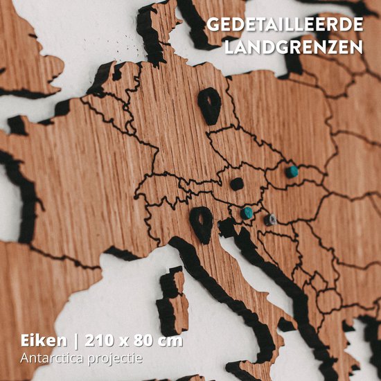 Houten Wereldkaart - Mercator projectie - Eiken XL (185 x 90 cm) - wanddecoratie - design - muurdecoratie hout