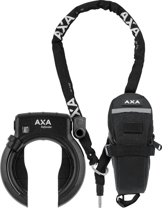 Set bestaande uit AXA Defender – ART 2 sterren keurmerk - Frameslot - Met RLC plug-in ketting 140 cm - Inclusief opbergtas - Zwart