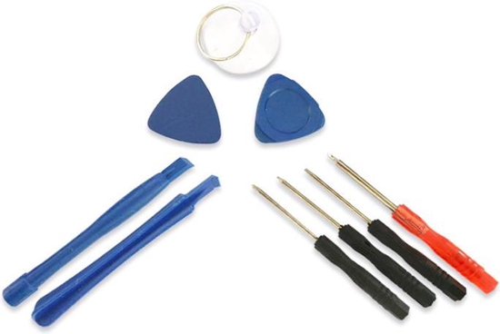 Reparatieset met blauwe plectrums, plastic openingstools en schroevendraaiers met gekleurde handvatten.