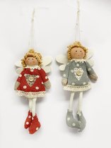 Set van 2 hangende engeltjes  - Wichtel - 10 cm - Grijs en Rood - Kerst