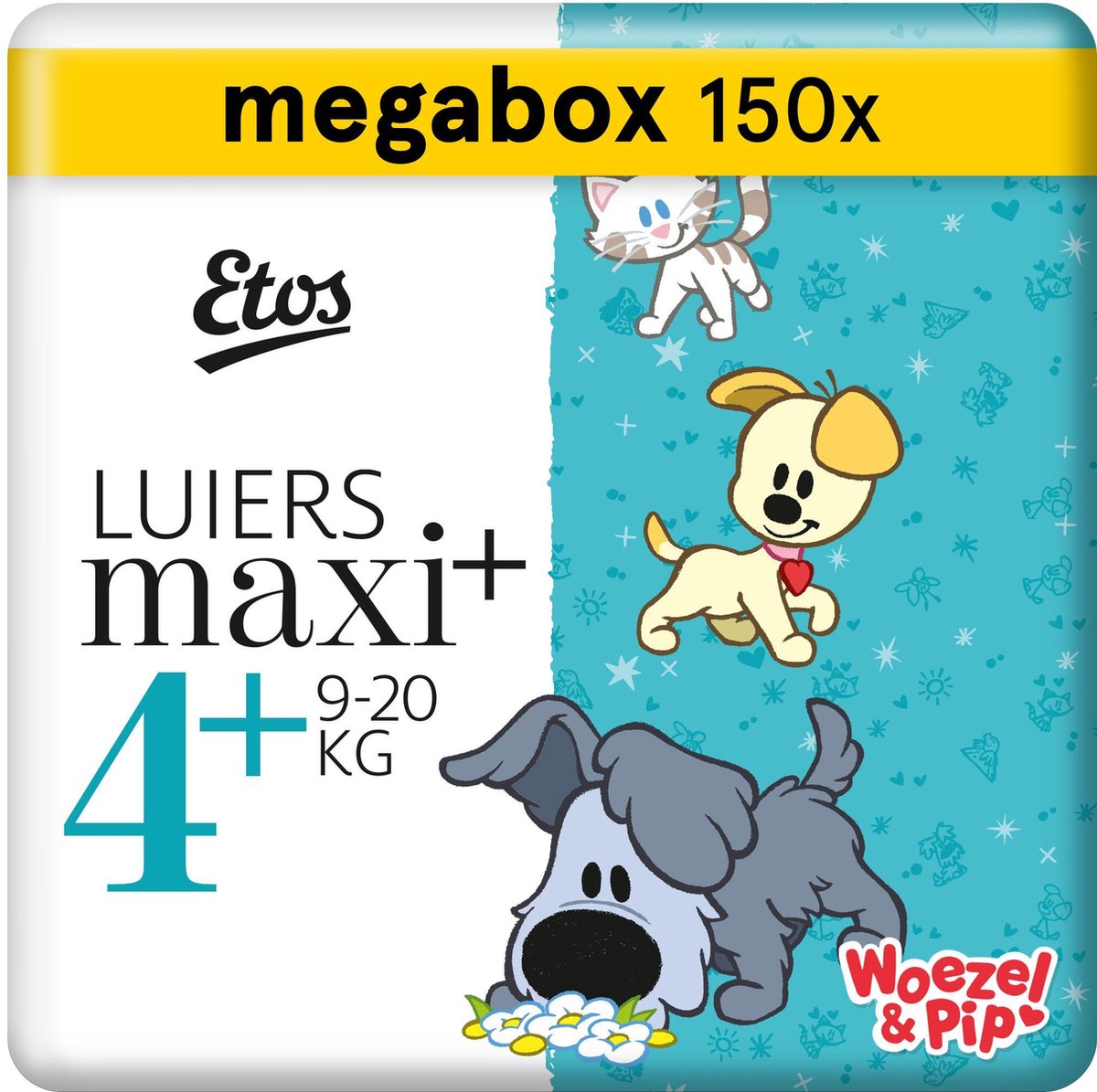 Etos Woezel & Pip Luiers Maxi Plus Maat 4+ - 9-20 kg - Maandbox 150 stuks  (3 x 50 st) | bol.com