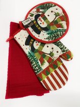 Set - Pannenlap-Ovenwant-Handdoekje - Kerst -Keukenset - 3 delig - met Sneeuwpop